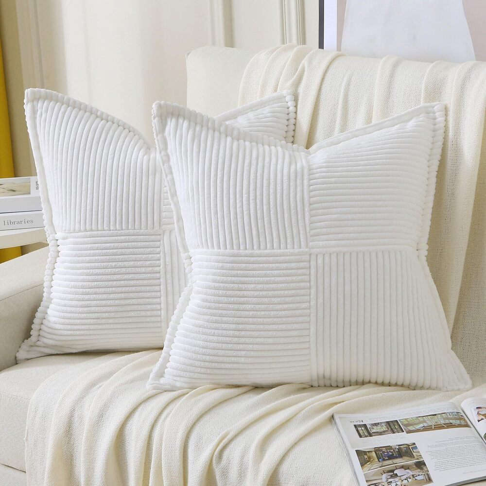 9836 Pure White Throw Pillow Covers 12x12 Inch Set of 2,Soft Solid Corduroy